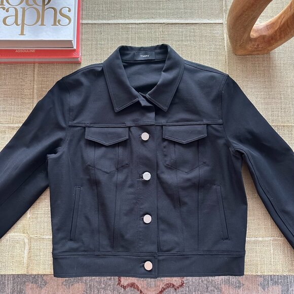 Theory Black Double Stretch Denim Jacket - Picture 1 of 7